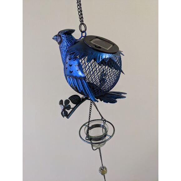 Hanging Solar Blue Bird Feeder Wild Birdfeeders Outside Outdoor Wire Bell Glass - Picture 2 of 7